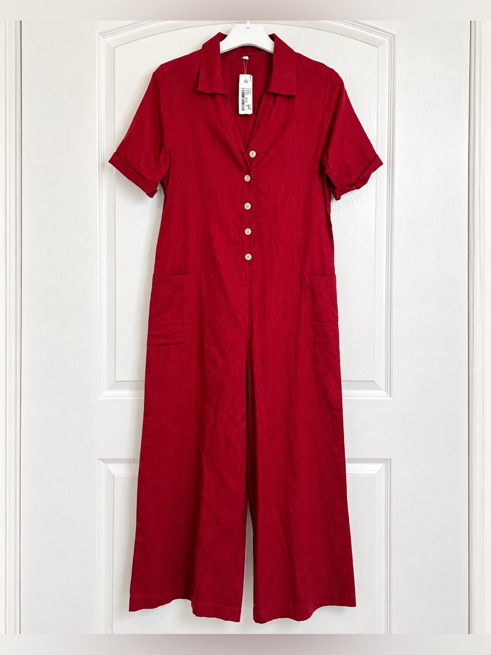 Burgundy Linen Blend Wide Leg Jumpsuit Tagged XL Fits M Button Front- New Unworn